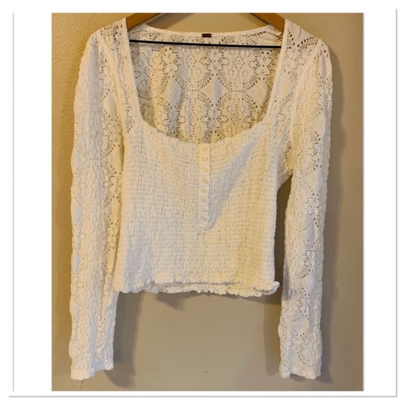 Free People Smocked Lace Confection Top Long Sleeve Ivory Size XL - Picture 5 of 12
